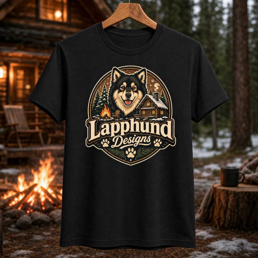 Finnish Lapphund Cabin Campfire Badge T-Shirt Finnish Lapphund t-shirt