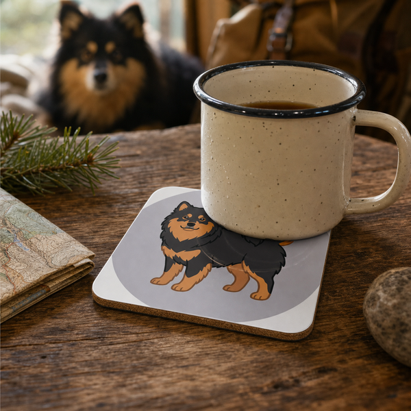 Finnish Lapphund Neutral Portrait Illustration Cork-Back Coaster Finnish Lapphund cork-back coaster in use on a table