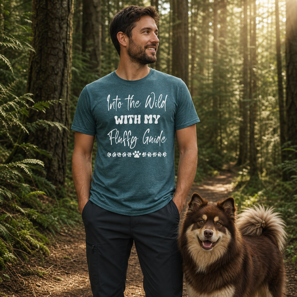 Into the Wild with My Fluffy Guide Finnish Lapphund T-Shirt Finnish Lapphund t-shirt worn, lifestyle photo