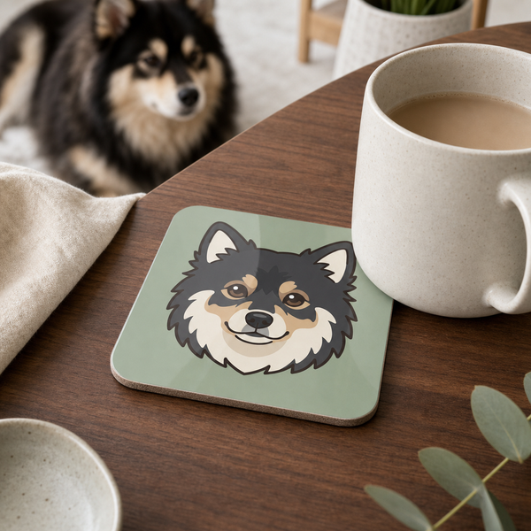 Finnish Lapphund Head Portrait Icon Cork-Back Coaster Finnish Lapphund cork-back coaster in use on a table