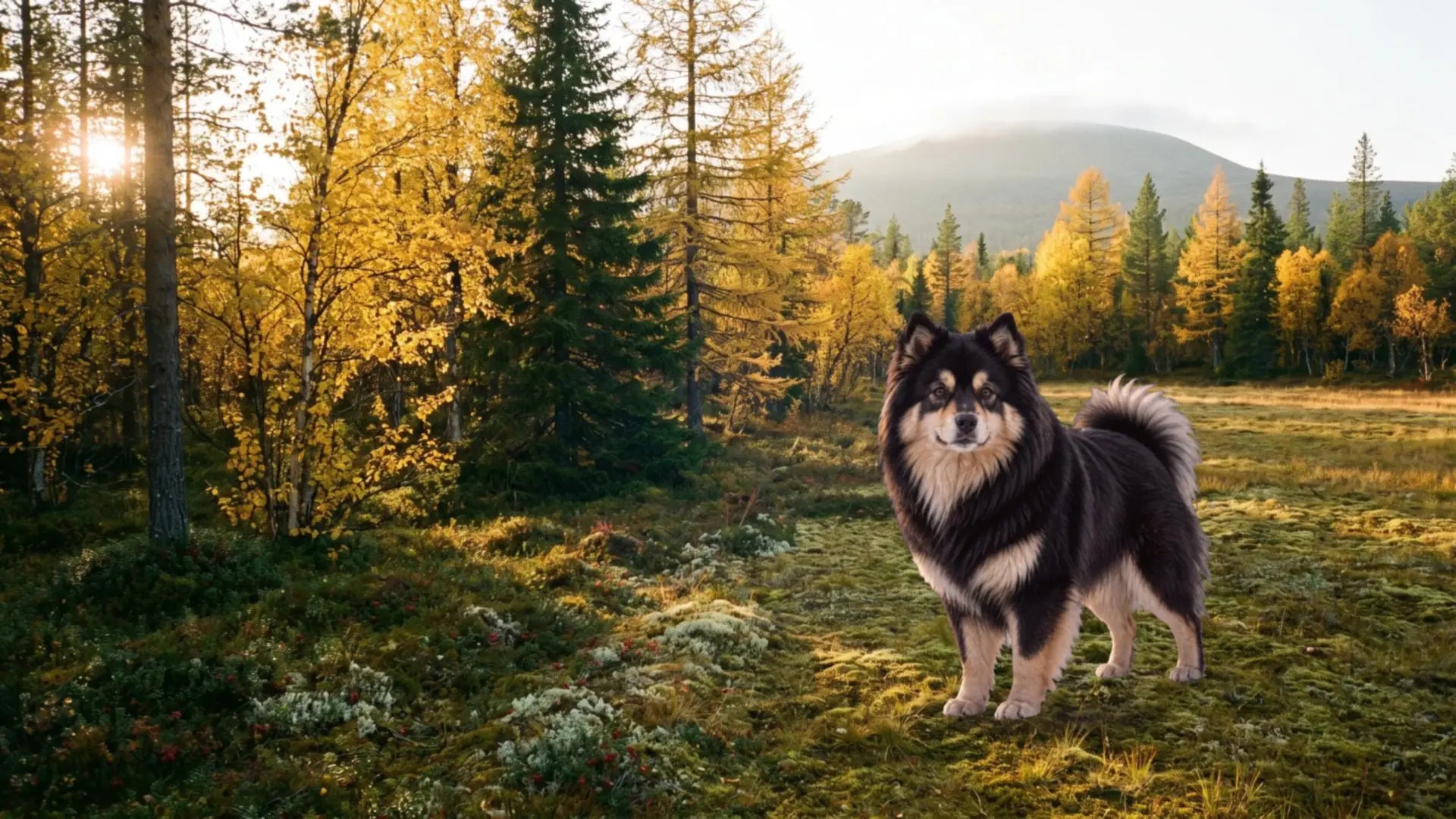 A black and tan Finnish Lapphund standing in golden autumn birch forest in Lapland