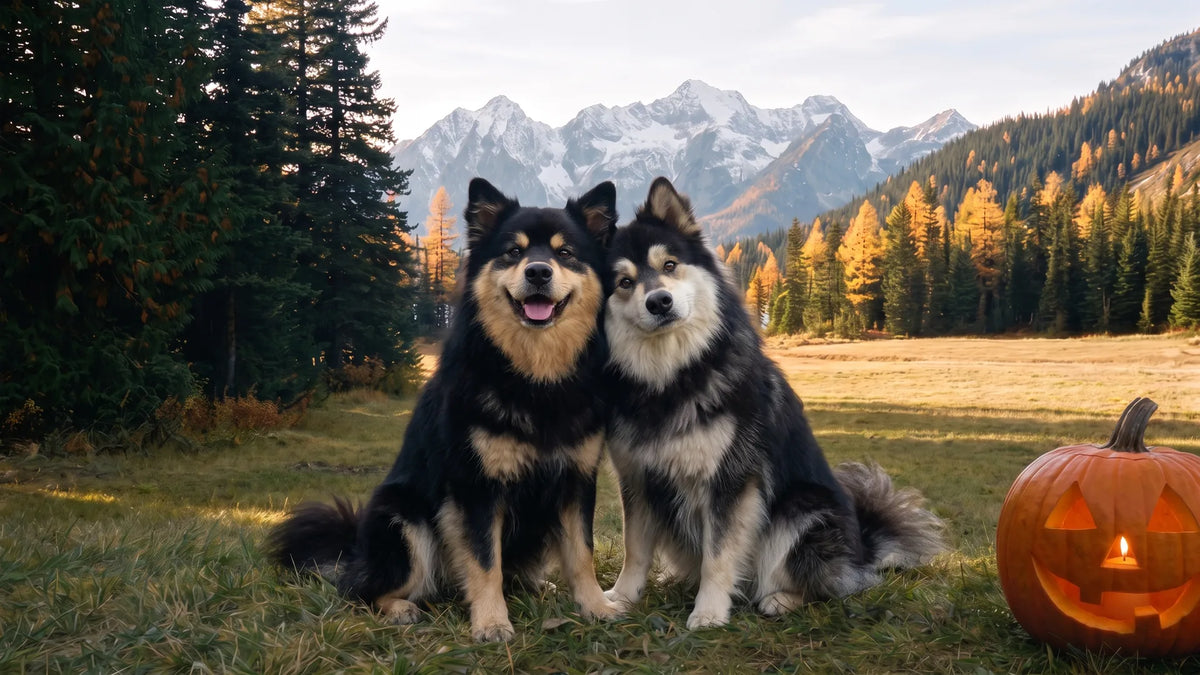 Two tricolour Finnish Lapphunds, Timber and Tundra, sitting side by side in a Kootenay mountain meadow, Timber grinning and Tundra leaning on his shoulder, beside a glowing jack-o-lantern