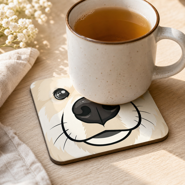 Finnish Lapphund Cream Face Cork-Back Coaster Finnish Lapphund cork-back coaster in use on a table
