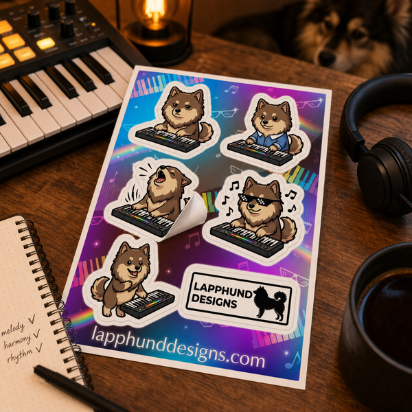 Individual peel detail of the Finnish Lapphund Music Time Sticker Sheet – Keyboard Jams, Singing & Playful Performance Finnish Lapphund sticker sheet