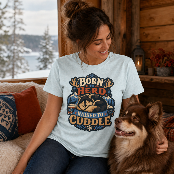 Finnish Lapphund Born To Herd Raised To Cuddle T-Shirt Finnish Lapphund t-shirt worn, lifestyle photo