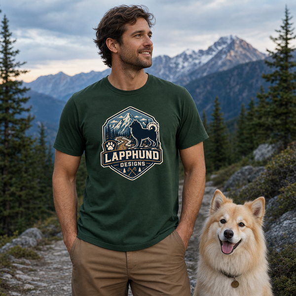 Finnish Lapphund Trail Crest T-Shirt Finnish Lapphund t-shirt worn, lifestyle photo
