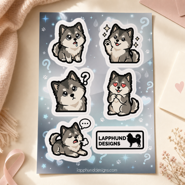Finnish Lapphund Curious Reactions Sticker Sheet β Questions, Hearts & Sweet Expressions Finnish Lapphund sticker sheet