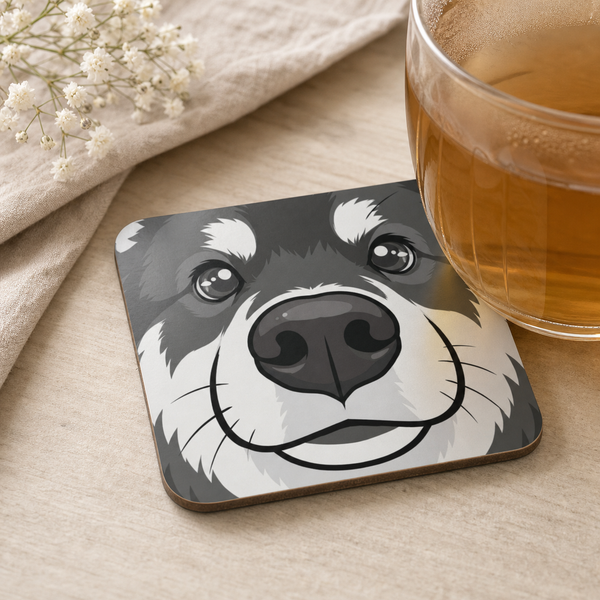Finnish Lapphund Wolf Sable Face Cork-Back Coaster Finnish Lapphund cork-back coaster in use on a table