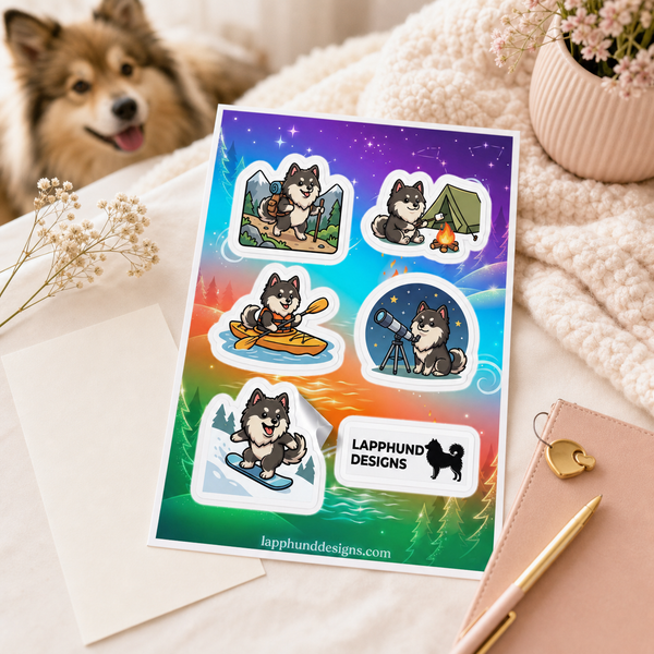 Individual peel detail of the Finnish Lapphund Outdoor Adventure Sticker Sheet – Hiking, Camping & Kayaking Finnish Lapphund sticker sheet