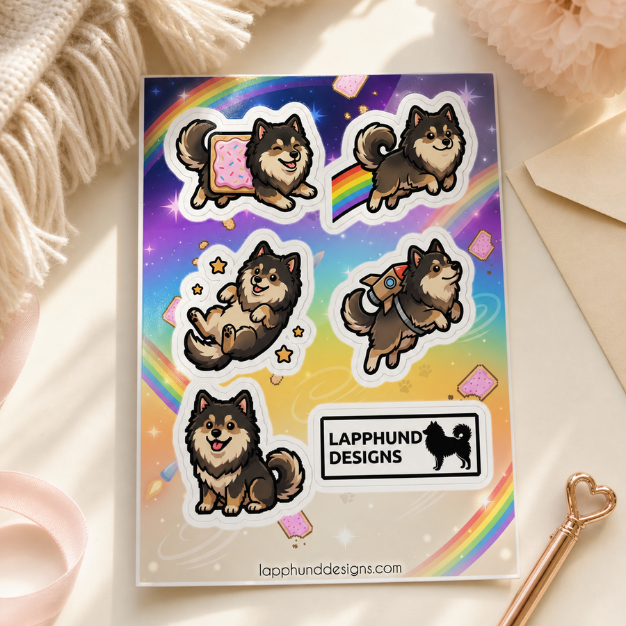 Finnish Lapphund Whimsical Fantasy Sticker Sheet – Dreamy Adventures, Rainbows & Playful Magic Finnish Lapphund sticker sheet