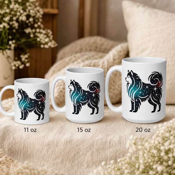 Finnish Lapphund Mug Cosmic Galaxy Nordic Dog Art Gift Finnish Lapphund mug size lineup, 11oz 15oz and 20oz