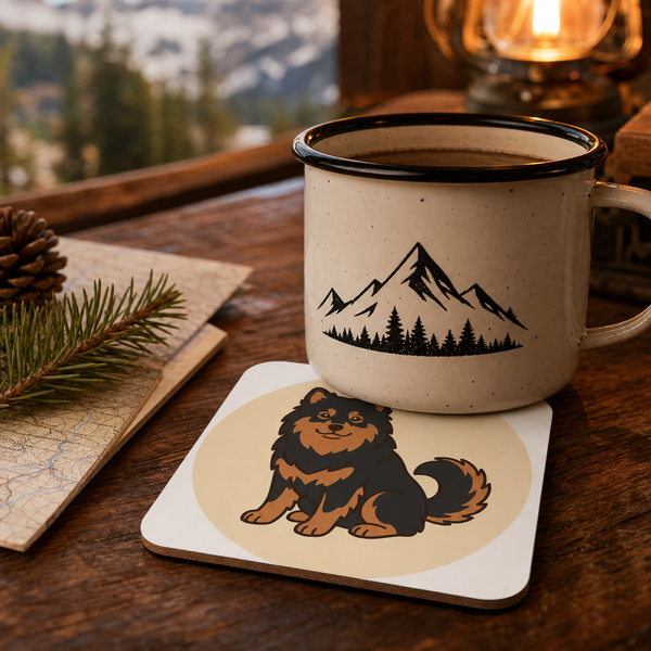 Finnish Lapphund Friendly Illustration Cork-Back Coaster Finnish Lapphund cork-back coaster in use on a table