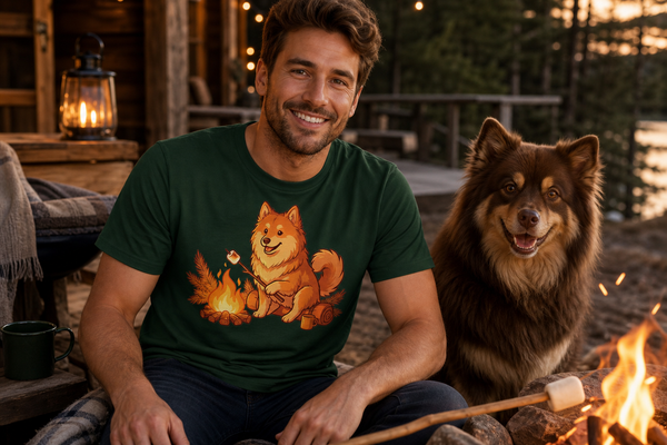 Finnish Lapphund Campfire S'mores T-Shirt Finnish Lapphund t-shirt worn, lifestyle photo