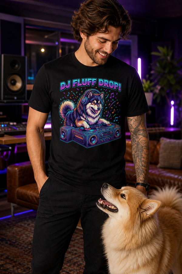 Finnish Lapphund DJ Fluff Drop Neon Party T-Shirt Finnish Lapphund t-shirt worn, lifestyle photo