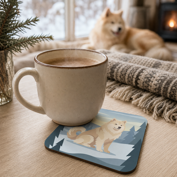 Finnish Lapphund Cream Winter Scene Cork-Back Coaster Finnish Lapphund cork-back coaster in use on a table