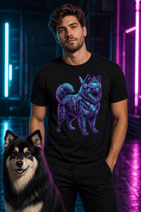 Finnish Lapphund Futuristic Cyber Tech Neon T-Shirt Finnish Lapphund t-shirt worn, lifestyle photo