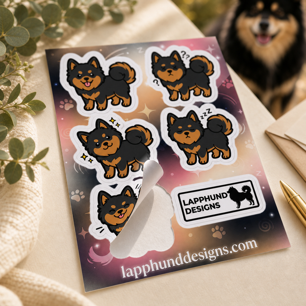 Finnish Lapphund Daily Puppy Moods Sticker Sheet β Calm Smiles, Cozy Tiredness & Gentle Expressions Finnish Lapphund t-shirt worn, lifestyle photo