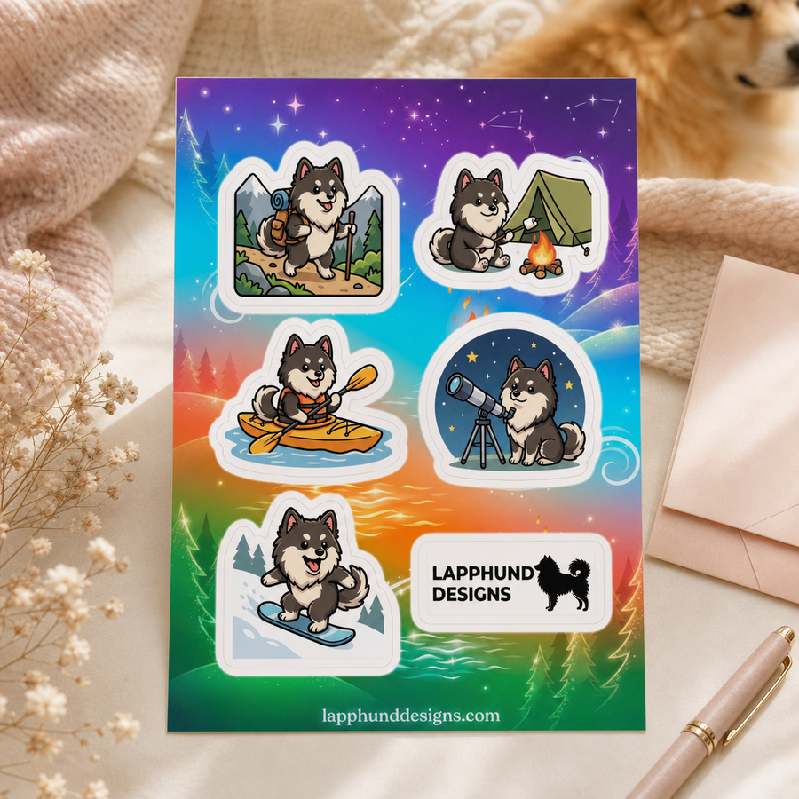 Finnish Lapphund Outdoor Adventure Sticker Sheet – Hiking, Camping & Kayaking Finnish Lapphund sticker sheet
