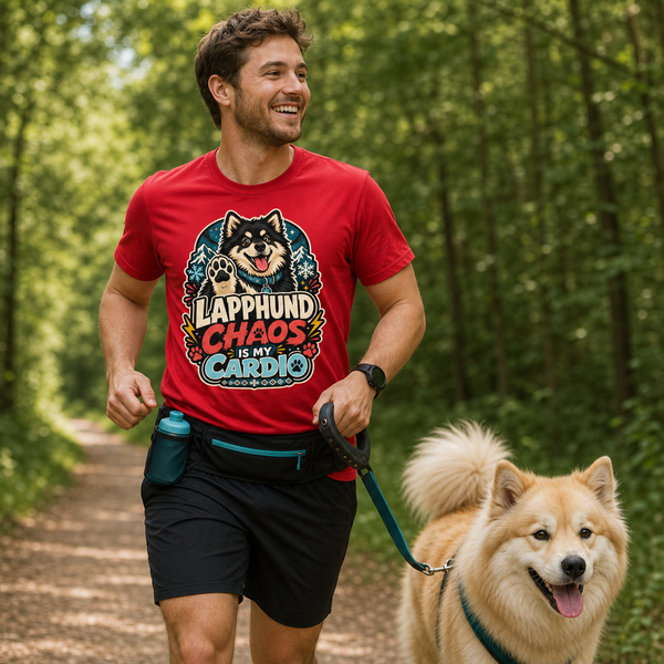 Finnish Lapphund Chaos Is My Cardio T-Shirt Finnish Lapphund t-shirt worn, lifestyle photo
