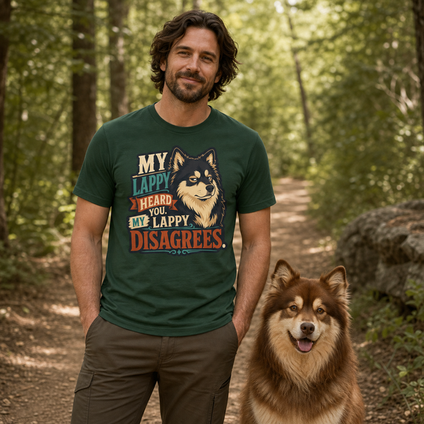 Finnish Lapphund My Lappy Disagrees T-Shirt Finnish Lapphund t-shirt worn, lifestyle photo