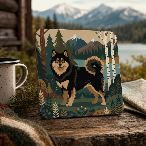 Finnish Lapphund Nordic Mountain Lake Illustration Cork-Back Coaster Finnish Lapphund cork-back coaster
