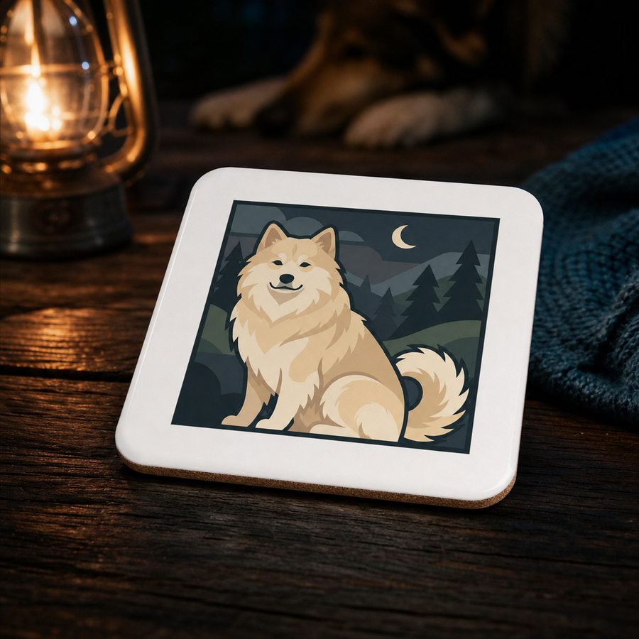 Finnish Lapphund Cream Night Forest Cork-Back Coaster Finnish Lapphund cork-back coaster