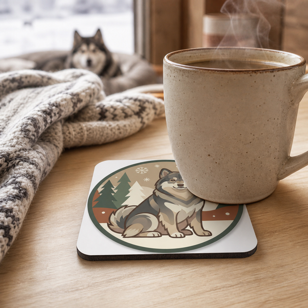 Finnish Lapphund Winter Emblem Illustration Cork-Back Coaster Finnish Lapphund cork-back coaster in use on a table