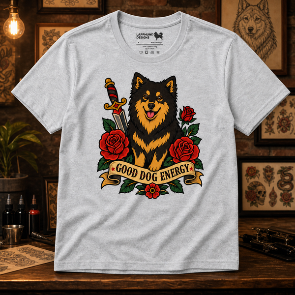 Finnish Lapphund Good Dog Energy Tattoo T-Shirt Finnish Lapphund t-shirt