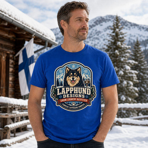 Finnish Lapphund Snow Country Outfitter Badge T-Shirt Finnish Lapphund t-shirt worn, lifestyle photo