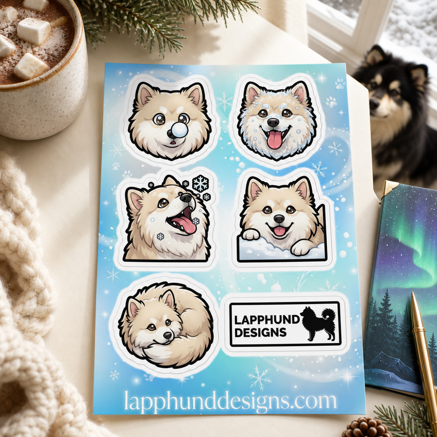 Finnish Lapphund Winter Joy Sticker Sheet – Snowy Smiles, Cozy Curls & Cold-Weather Play Finnish Lapphund sticker sheet