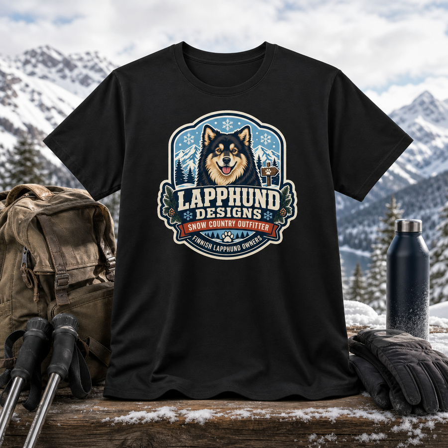 Finnish Lapphund Snow Country Outfitter Badge T-Shirt Finnish Lapphund t-shirt