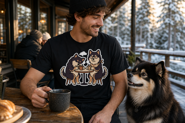 Finnish Lapphund Trailside Coffee Break Café Social T-Shirt Finnish Lapphund t-shirt worn, lifestyle photo