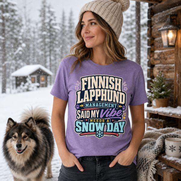 Finnish Lapphund Snow Day Vibe T-Shirt Finnish Lapphund t-shirt worn, lifestyle photo