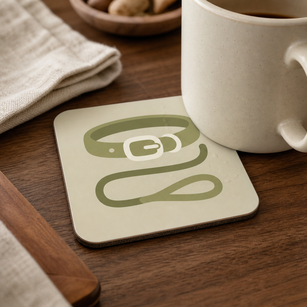 Finnish Lapphund Collar & Leash Icon Cork-Back Coaster Finnish Lapphund cork-back coaster in use on a table