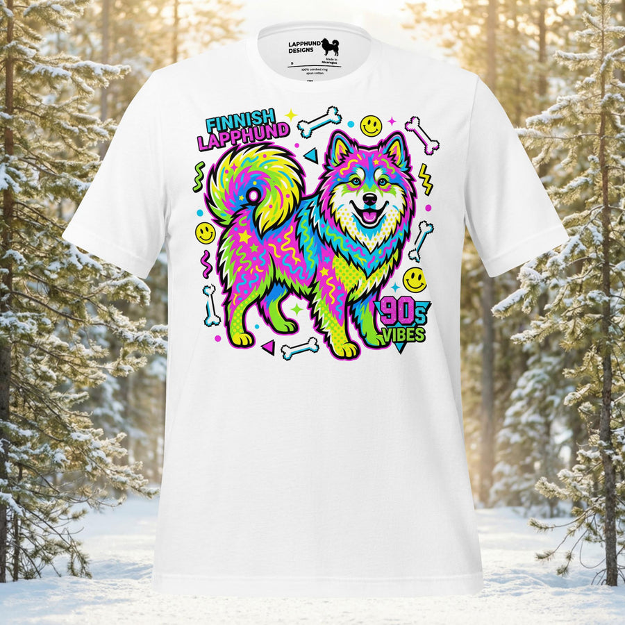 Finnish Lapphund 90s Vibes t-shirt with neon retro colors, smiley faces, and playful graphics