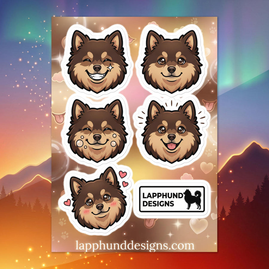 Finnish Lapphund affectionate smiles sticker sheet featuring warm expressions, blushing cheeks, and loving faces
