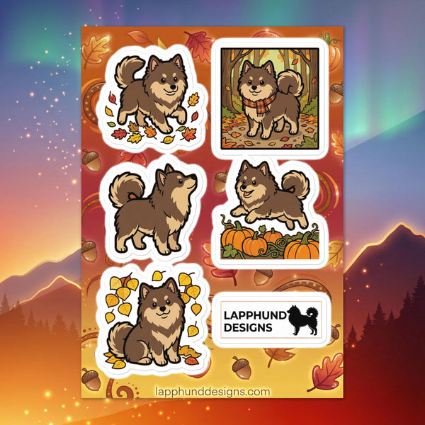 Finnish Lapphund autumn harvest sticker sheet featuring fall leaves, pumpkins, and cozy autumn scenes