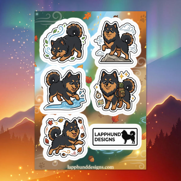 Finnish Lapphund autumn trail sticker sheet featuring fall hikes, leaf play, and outdoor adventure scenes