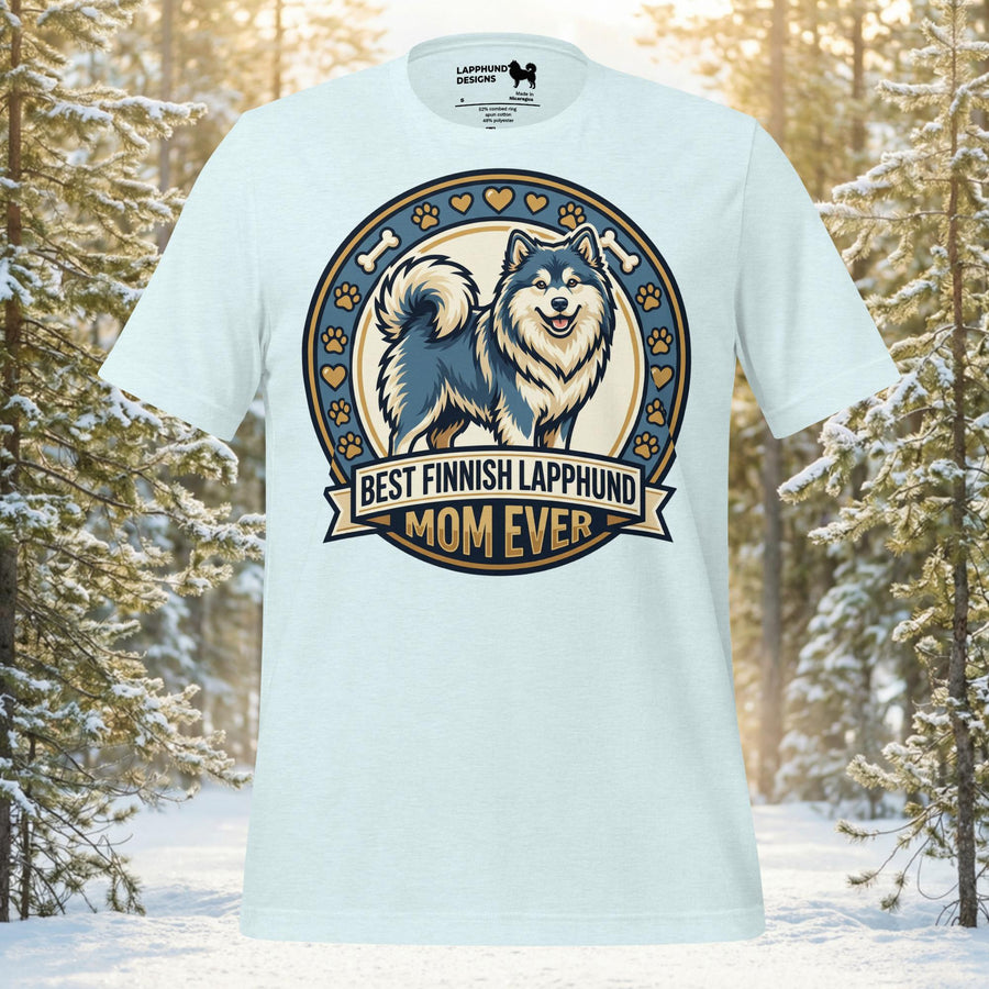 Finnish Lapphund Best Mom Ever t-shirt with circular badge design and heart accents