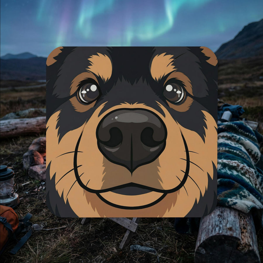 Black and brown Finnish Lapphund face illustrated cork-back coaster with classic close-up design