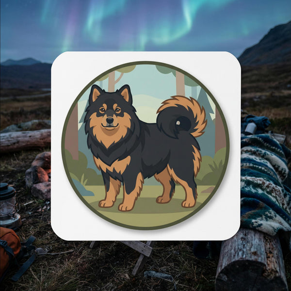 Black and tan Finnish Lapphund standing illustrated cork-back coaster with circular badge and forest background