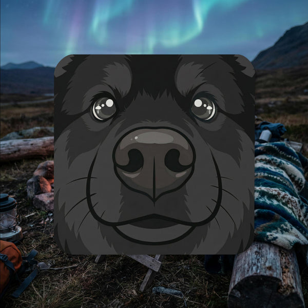 Black Finnish Lapphund face illustrated cork-back coaster with bold close-up design