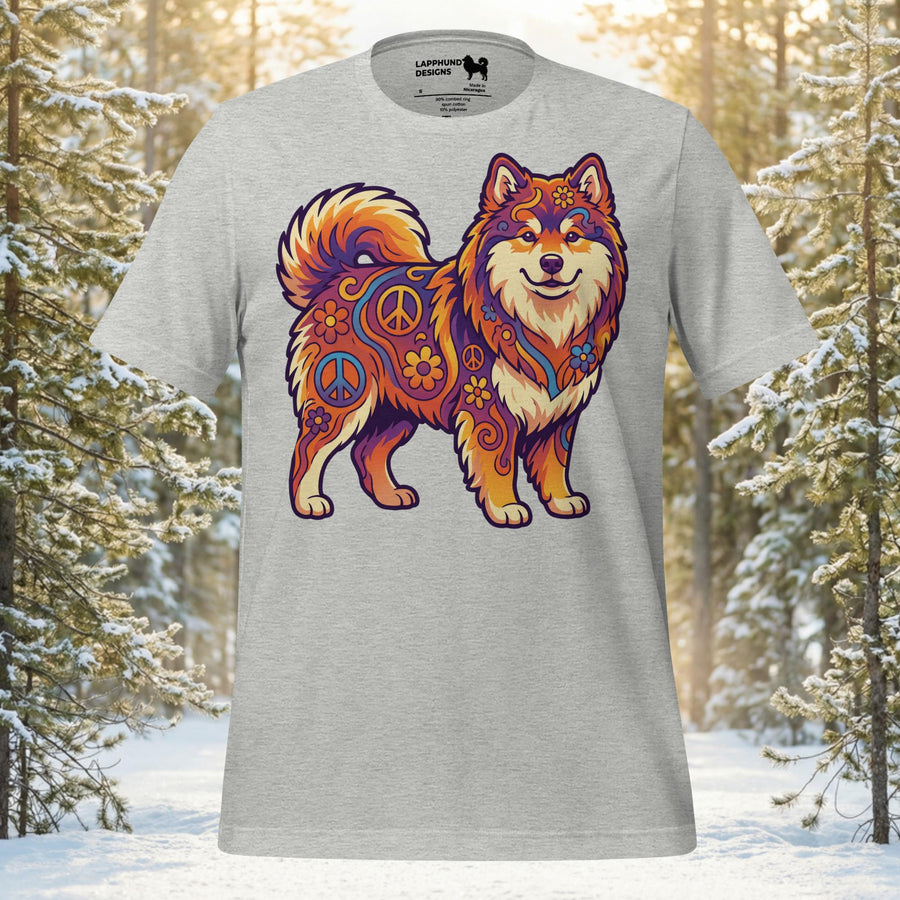 Finnish Lapphund illustrated with decorative boho-style symbols and flowing artistic patterns in a peaceful spirit design on a graphic t-shirt