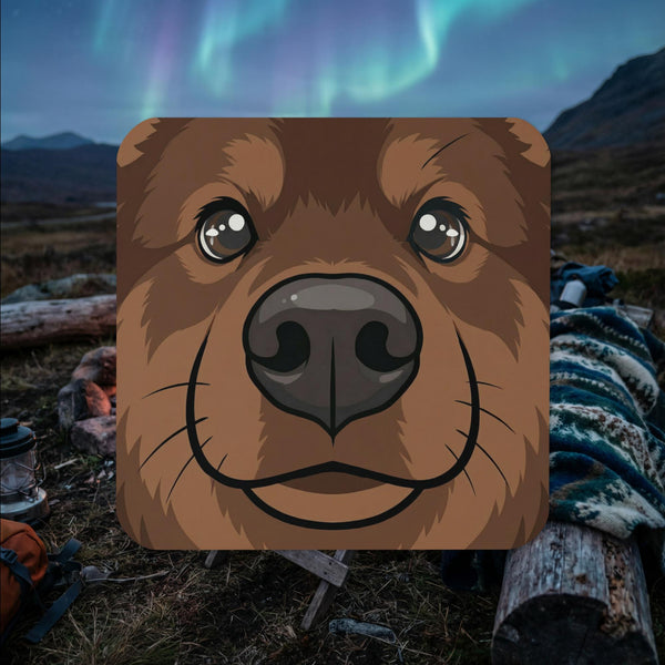 Brown Finnish Lapphund face illustrated cork-back coaster with warm close-up design