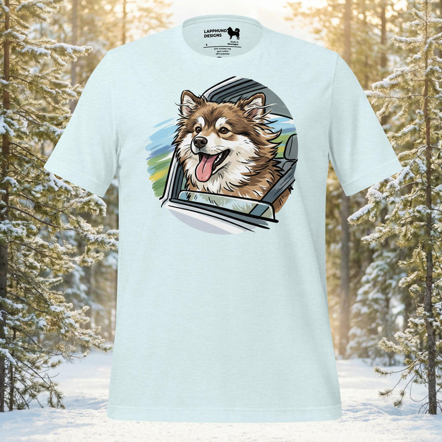 Finnish Lapphund illustrated with head out a car window enjoying a road trip scene on a graphic t-shirt