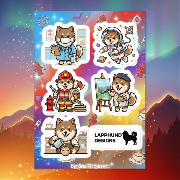 Finnish Lapphund career adventures sticker sheet with doctor, firefighter, artist, and astronaut designs