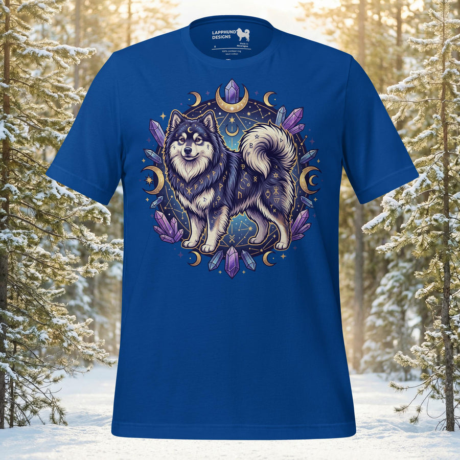 Finnish Lapphund surrounded by purple crystals and gold moon phases on a premium black t-shirt for dog owners.