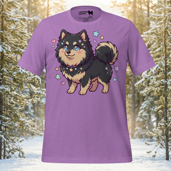 Finnish Lapphund illustrated in a chibi style with starry sparkles and a cheerful expression in a cute fantasy design on a graphic t-shirt