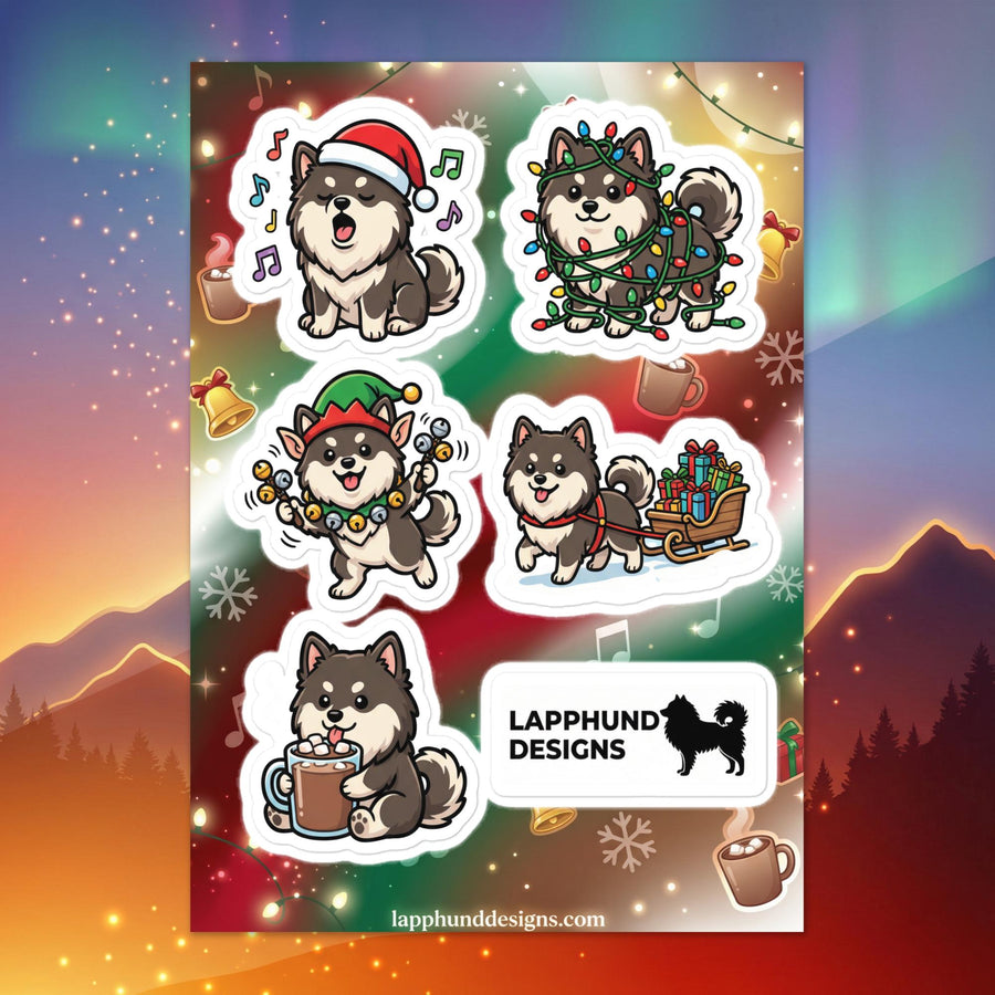 Finnish Lapphund Christmas cheer sticker sheet featuring festive holiday, cozy winter, and Christmas designs