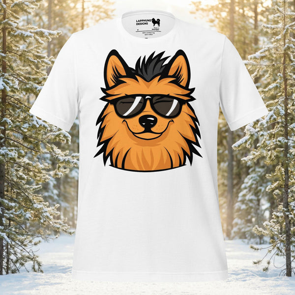 Lapphund wearing sunglasses with spiky fur graphic on a premium unisex outdoor adventure t-shirt for dog lovers.